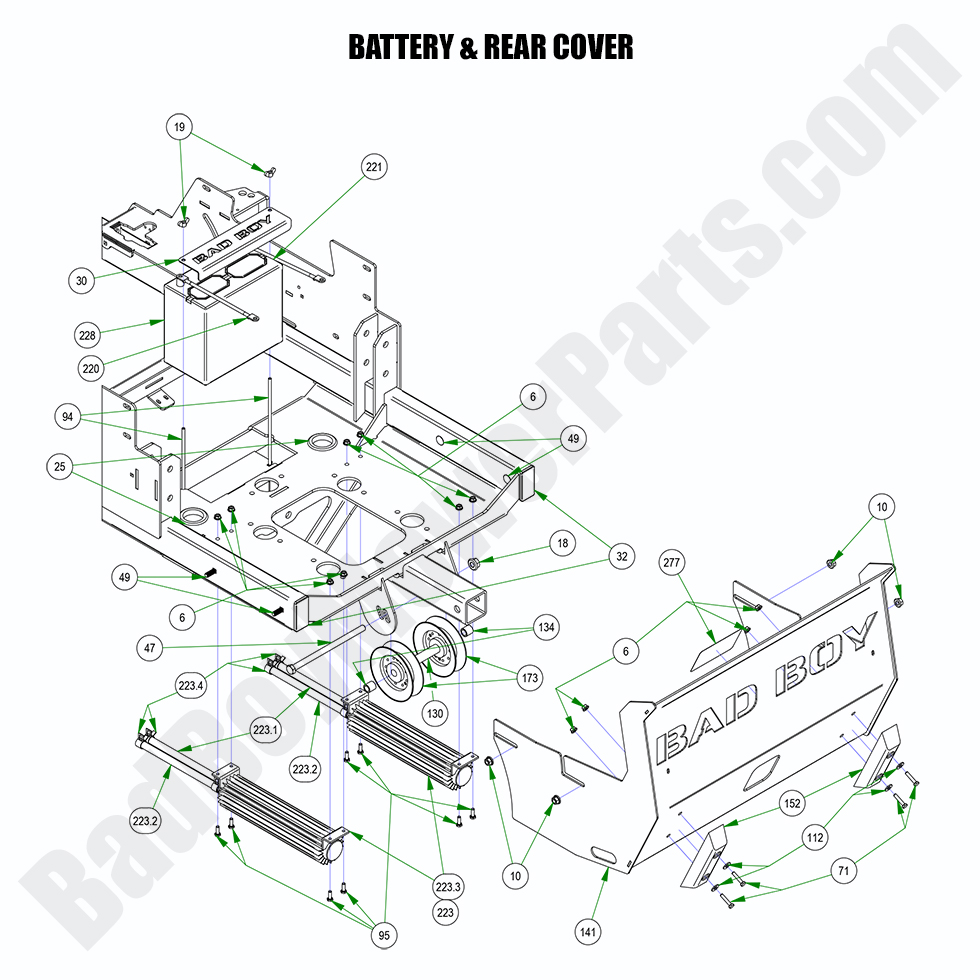 2983 - Bad Boy Mower Parts Lookup > 2022 > Renegade - Diesel > Battery & Rear Cover
